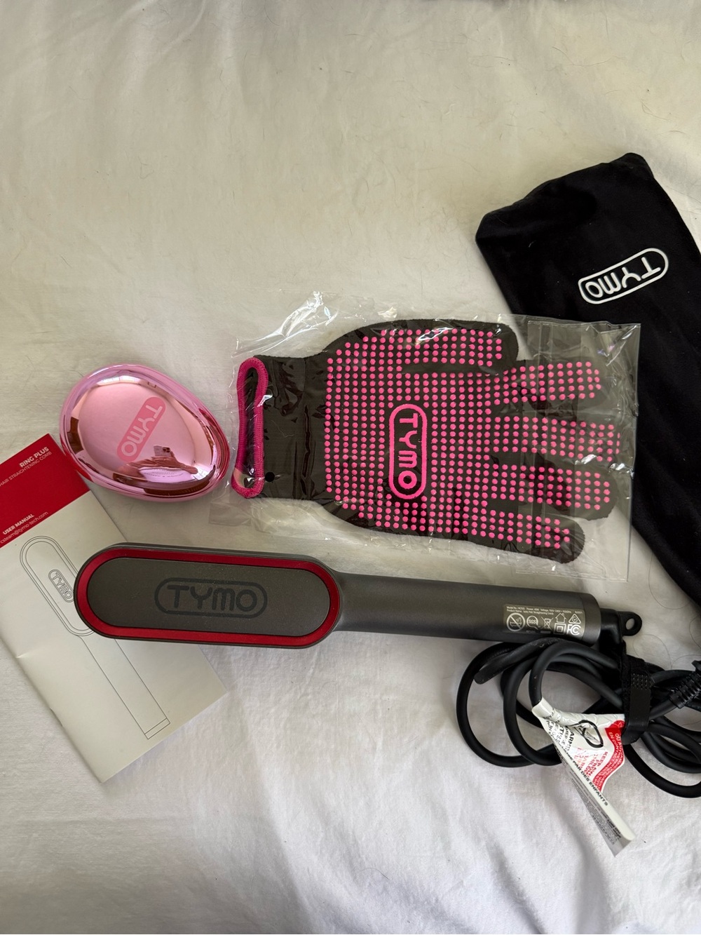 TYMO Pink & Black Hair Straightening Brush with Heat-Protect Glove